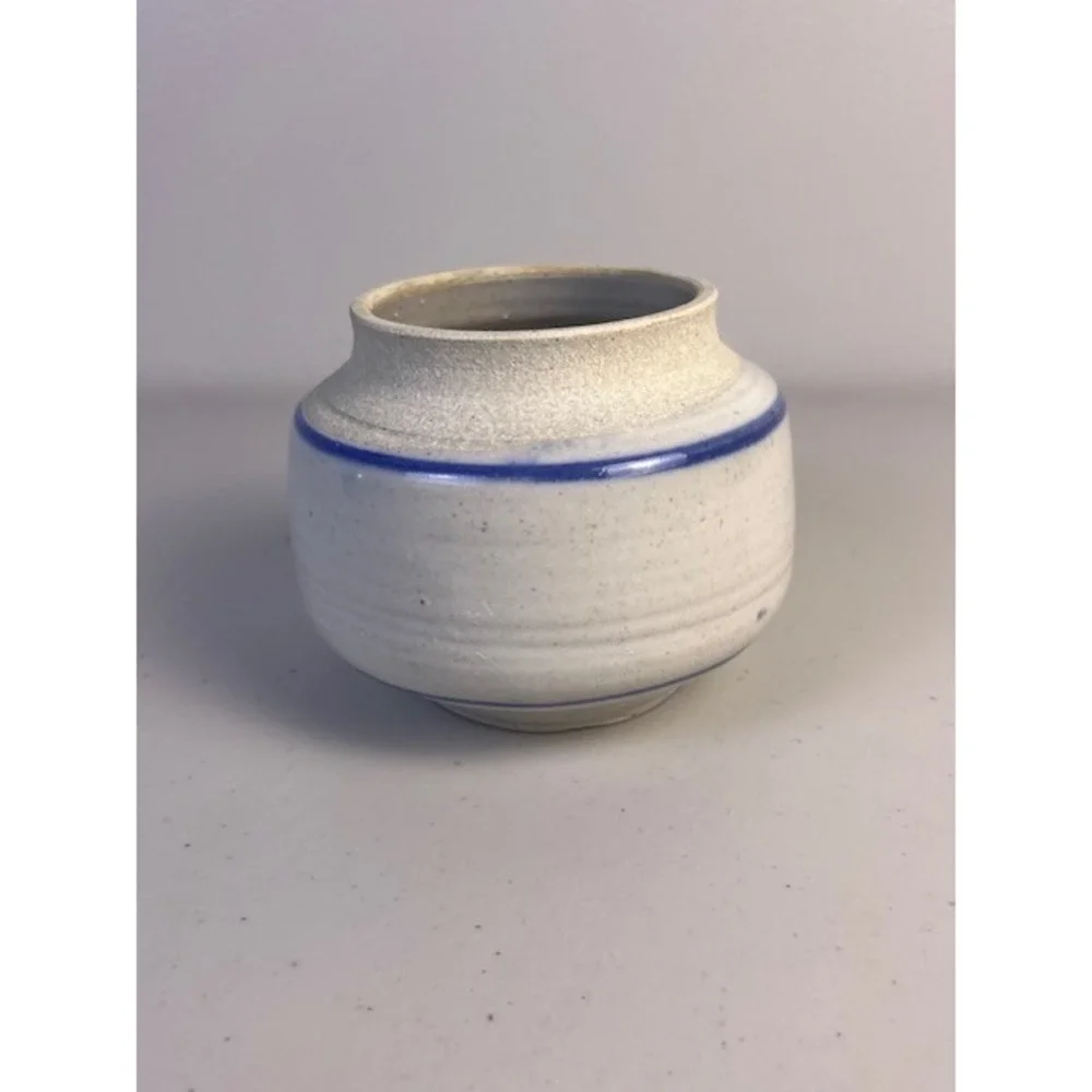 Studio Pottery Signed Small Speckled White Blue Stripe Bud Vase Stoneware 3in